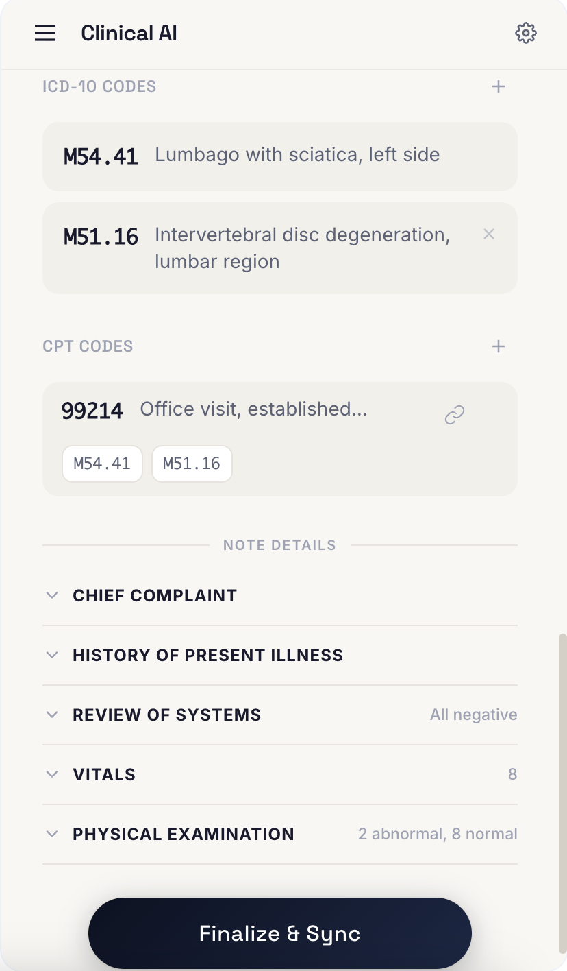 Clinical AI scribe extension showing SOAP note generation and ICD-10/CPT coding